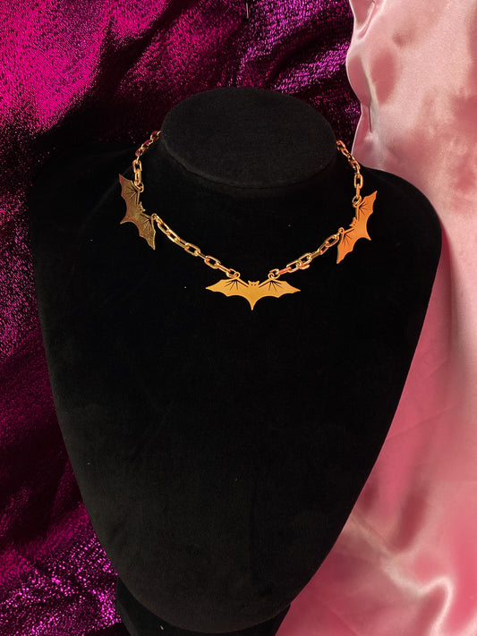 Golden flying bat necklace, golden colour handmade halloween necklace