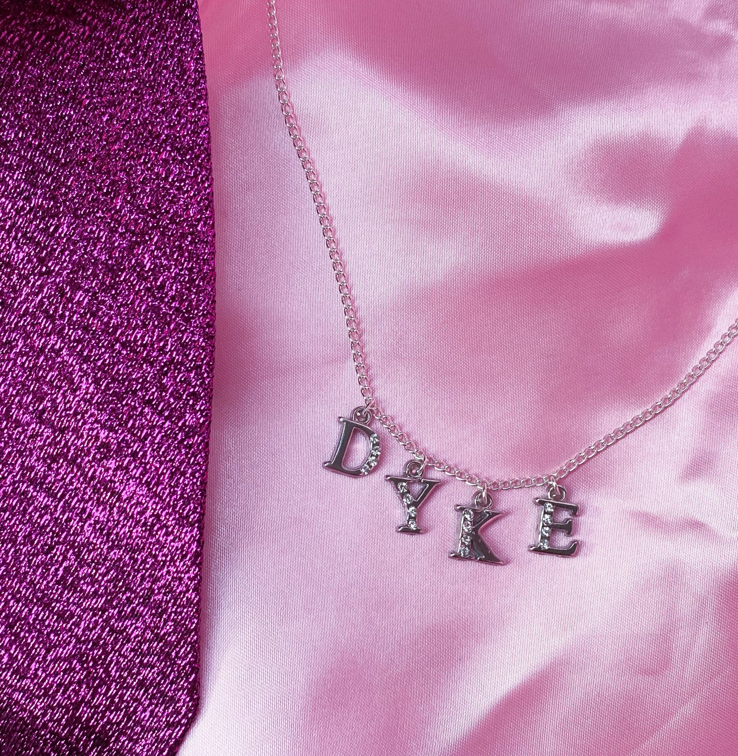 DYKE Diamanté silver colour word sparkly necklace