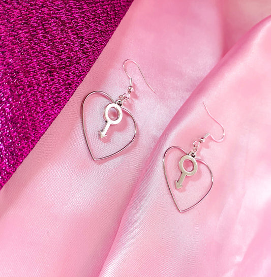 Silver colour heart and mars charm earrings