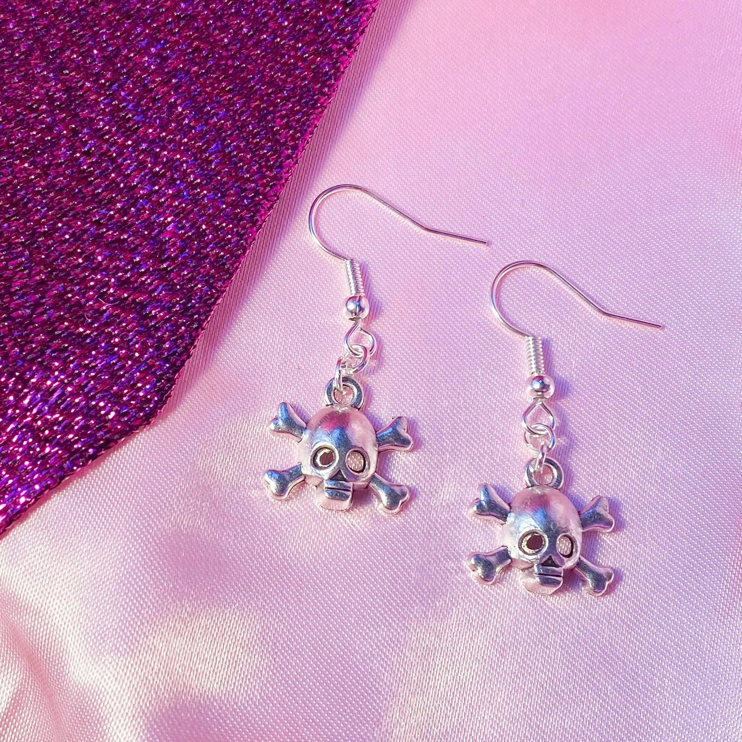 Skull charm earrings, silver halloween earrings Leftbians