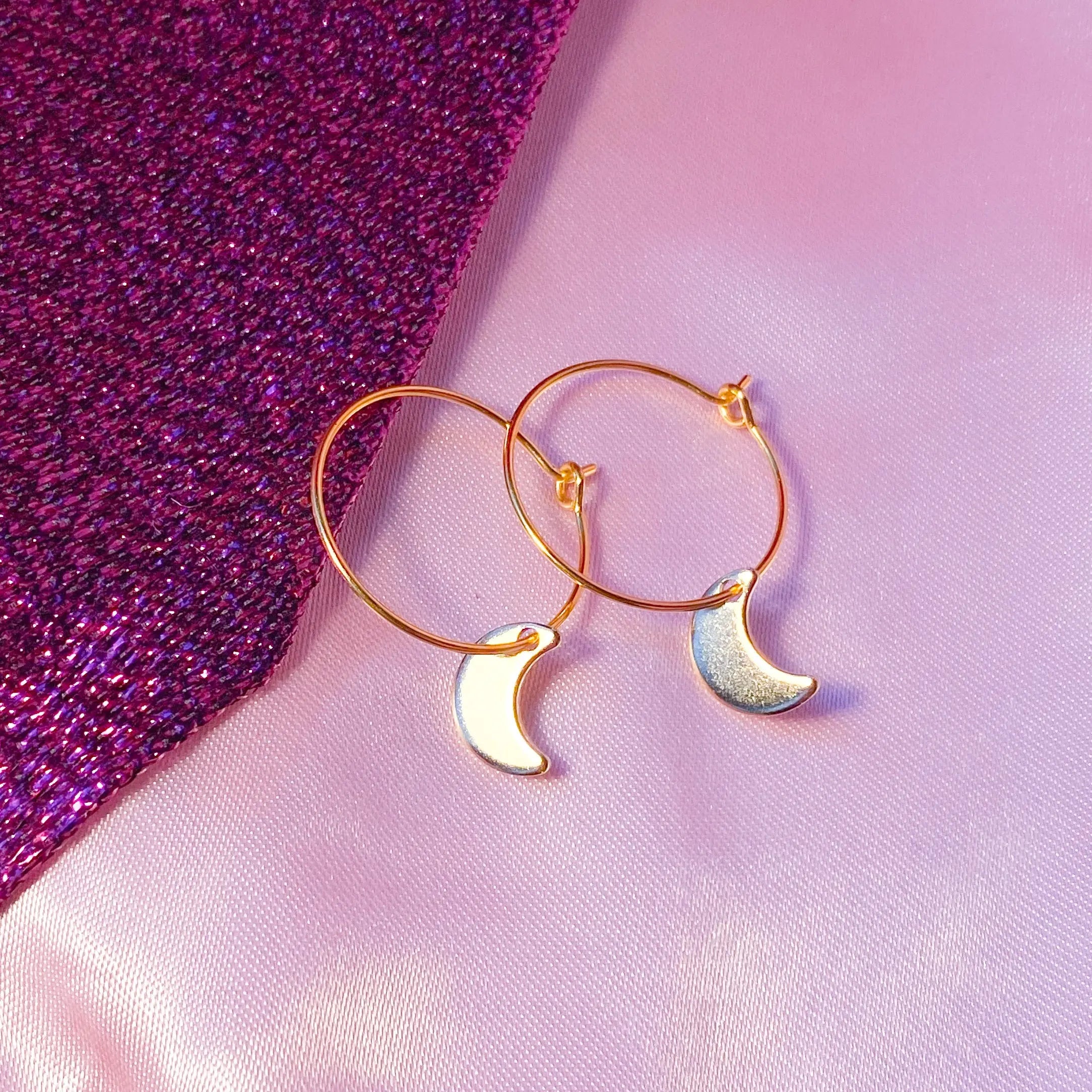 Gold moon charm hoop earrings, minimalist celestial earrings Leftbians