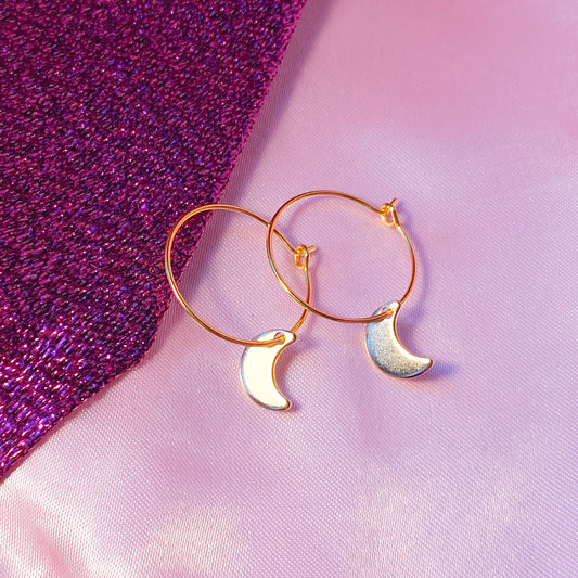 Gold moon charm hoop earrings, minimalist celestial earrings