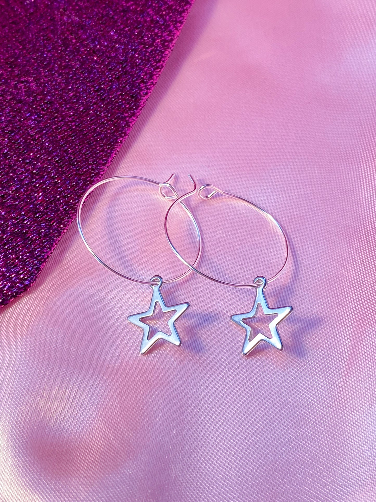 Silver star charm hoop earrings, minimalist celestial earrings