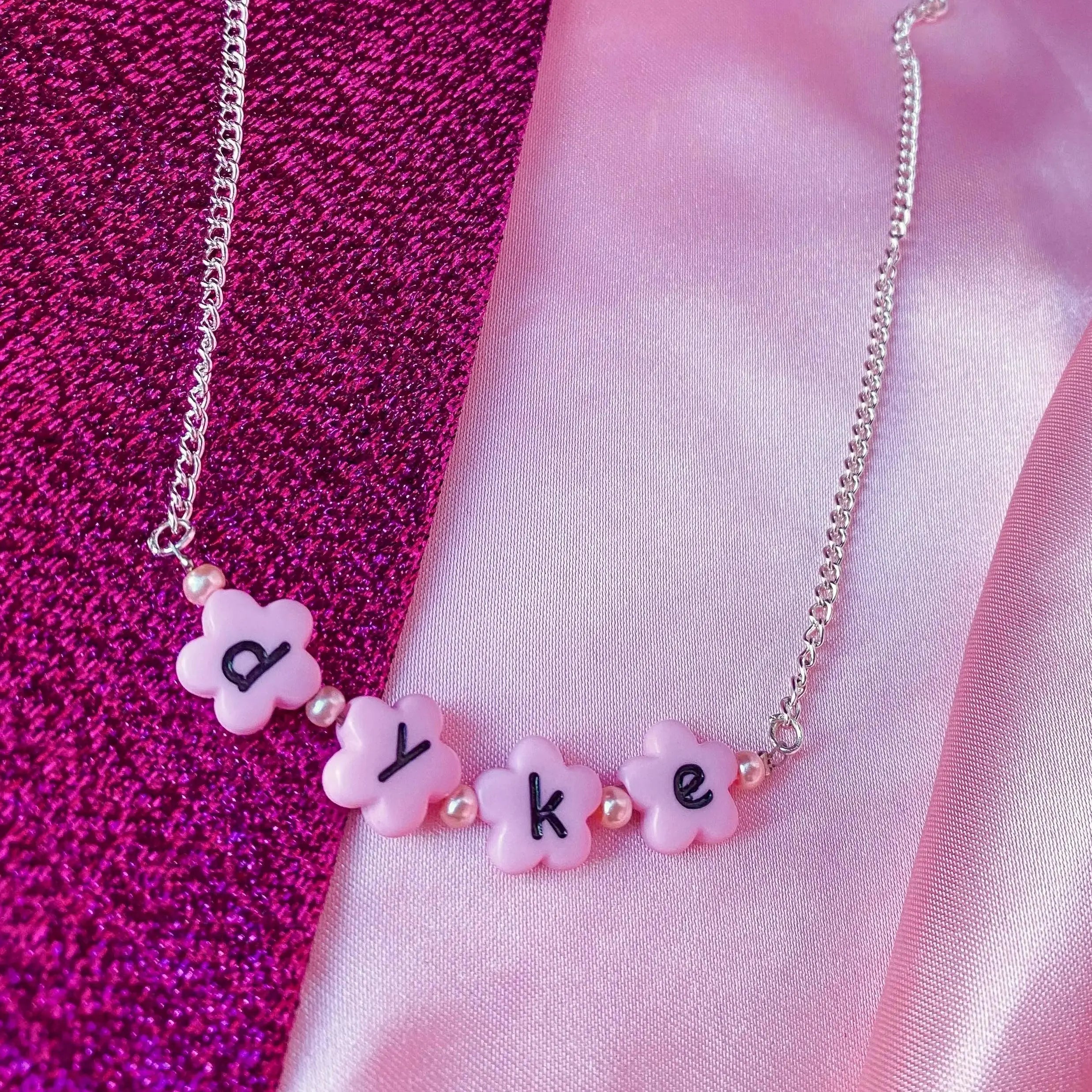 Pink Dyke flower shape bead letter bead necklace Leftbians