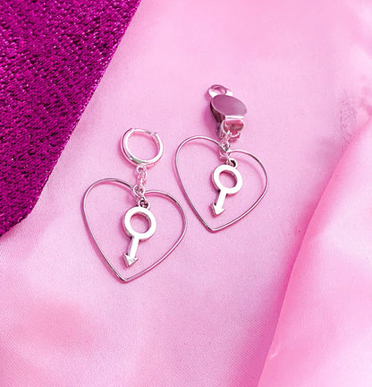 Silver colour heart and Mars charm earrings