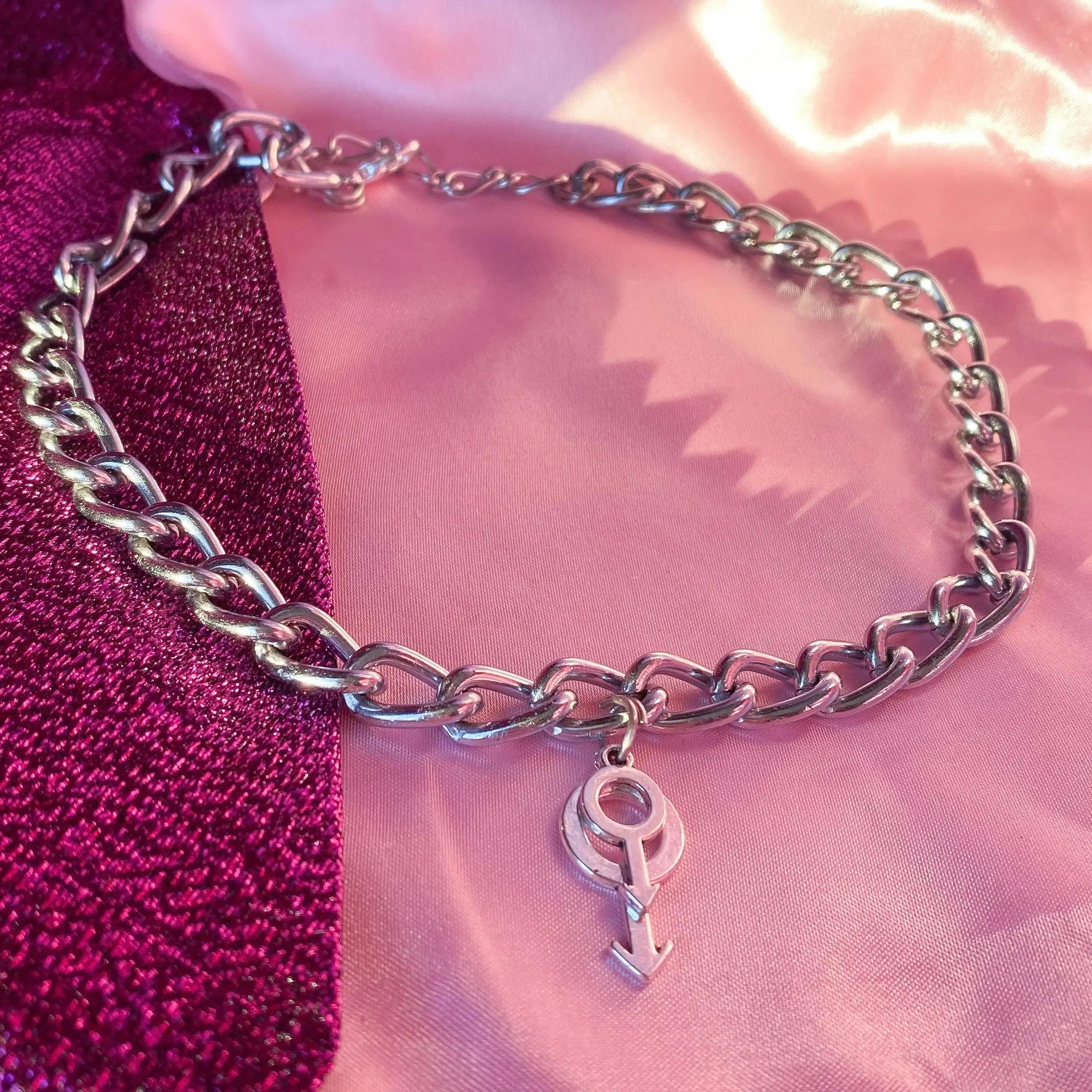 Double mars, layered male symbol charms, chunky chain choker necklace Leftbians
