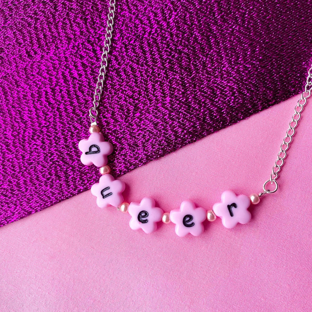 Pink Queer flower shape bead letter necklace Leftbians