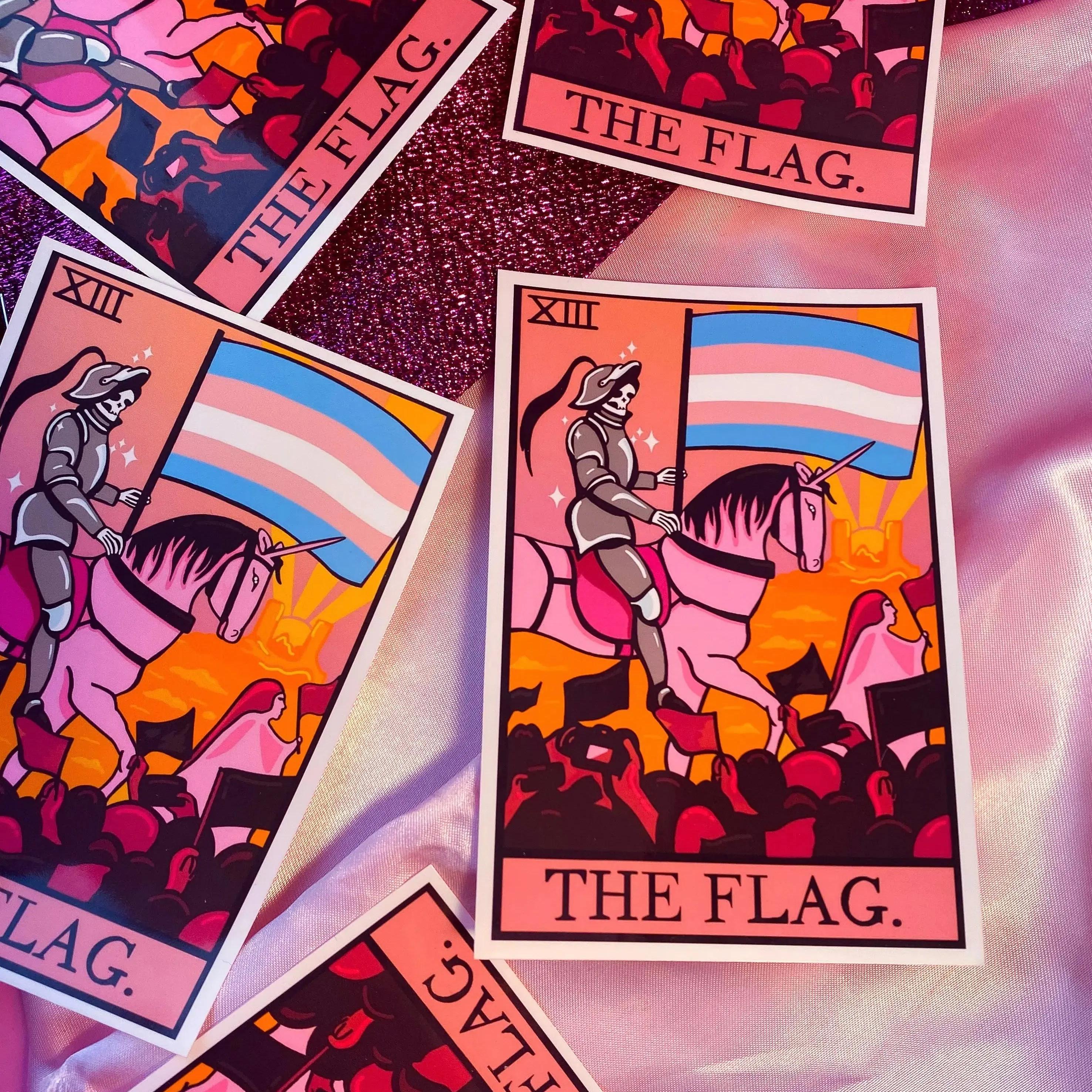 Transgender flag tarot card sticker. Leftbians