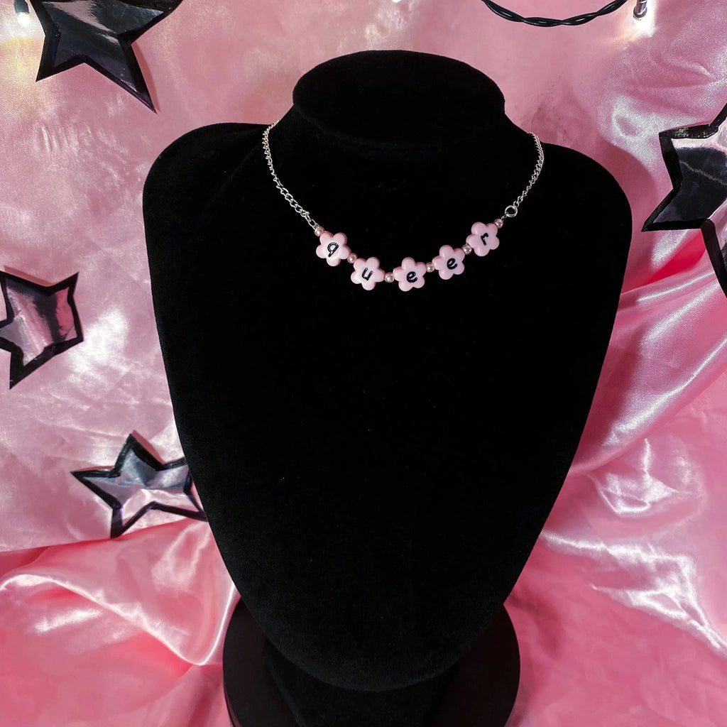 Pink Queer flower shape bead letter necklace Leftbians