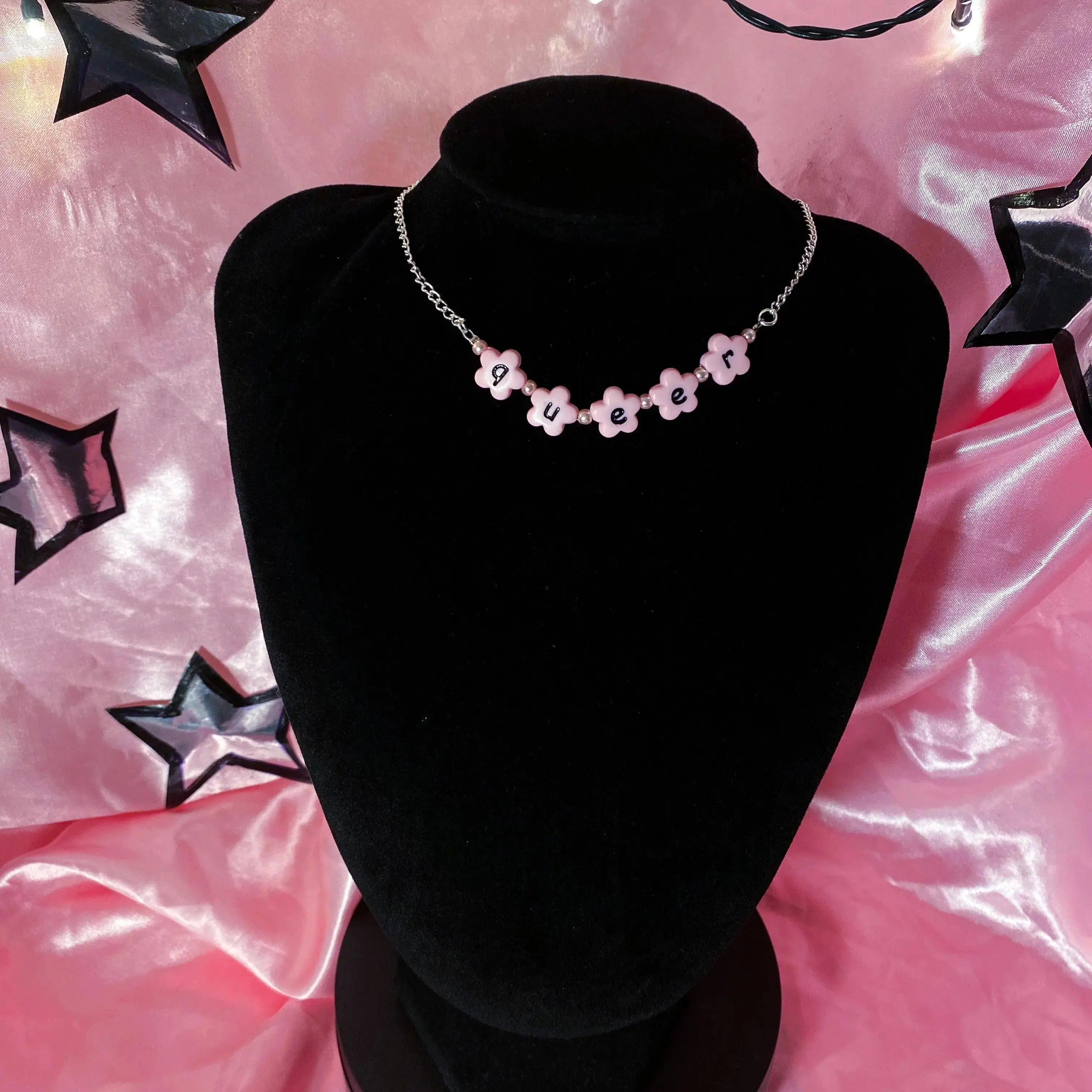 Pink Queer flower shape bead letter necklace Leftbians