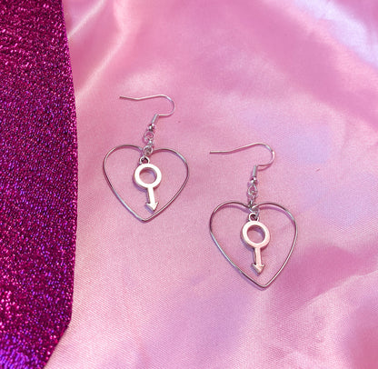 Silver colour heart and Mars charm earrings