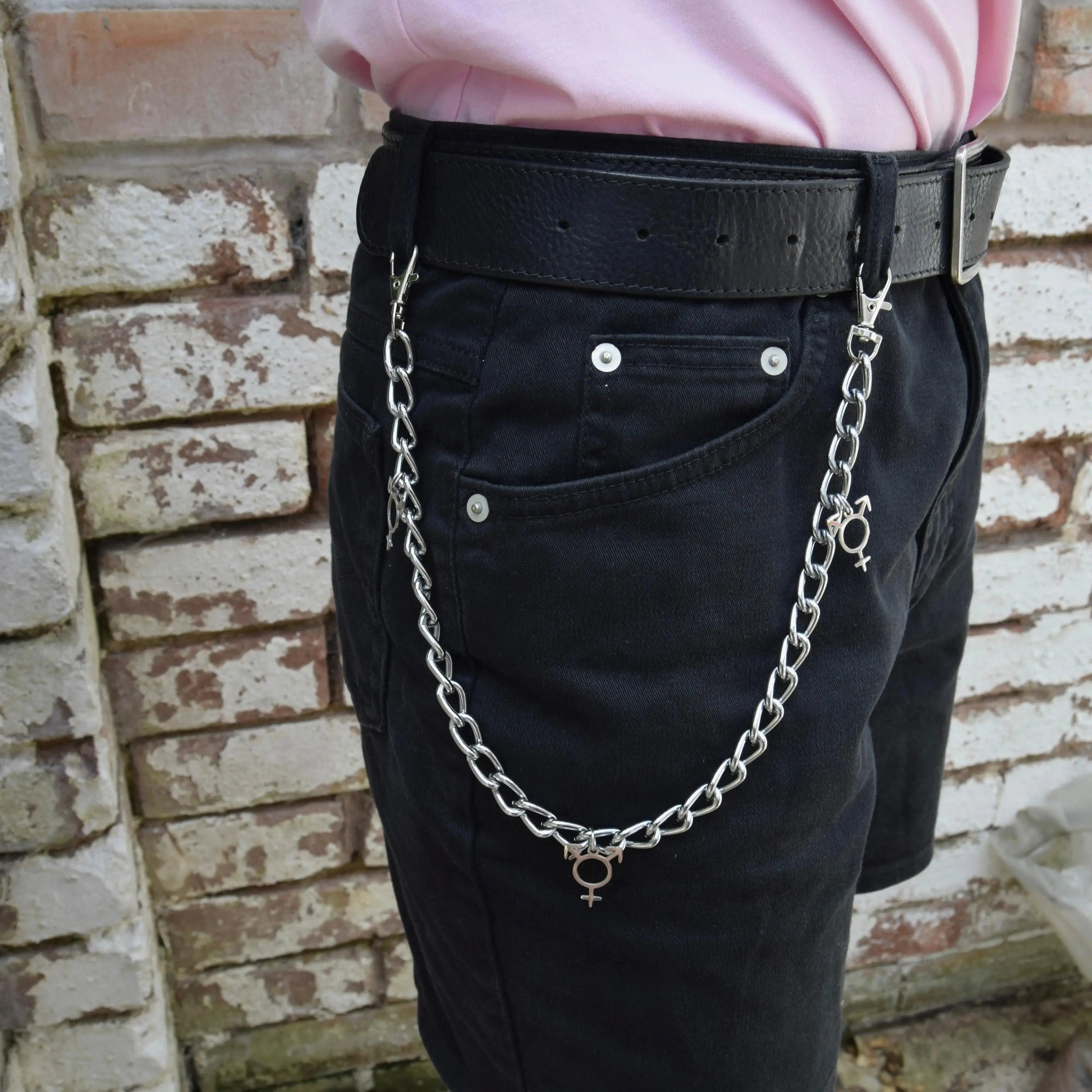 Jean chain with multiple Transgender symbol charms Leftbians