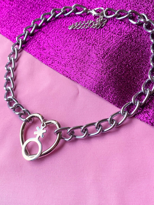 Heart O ring chain with Non Binary symbol on a chunky chain choker necklace