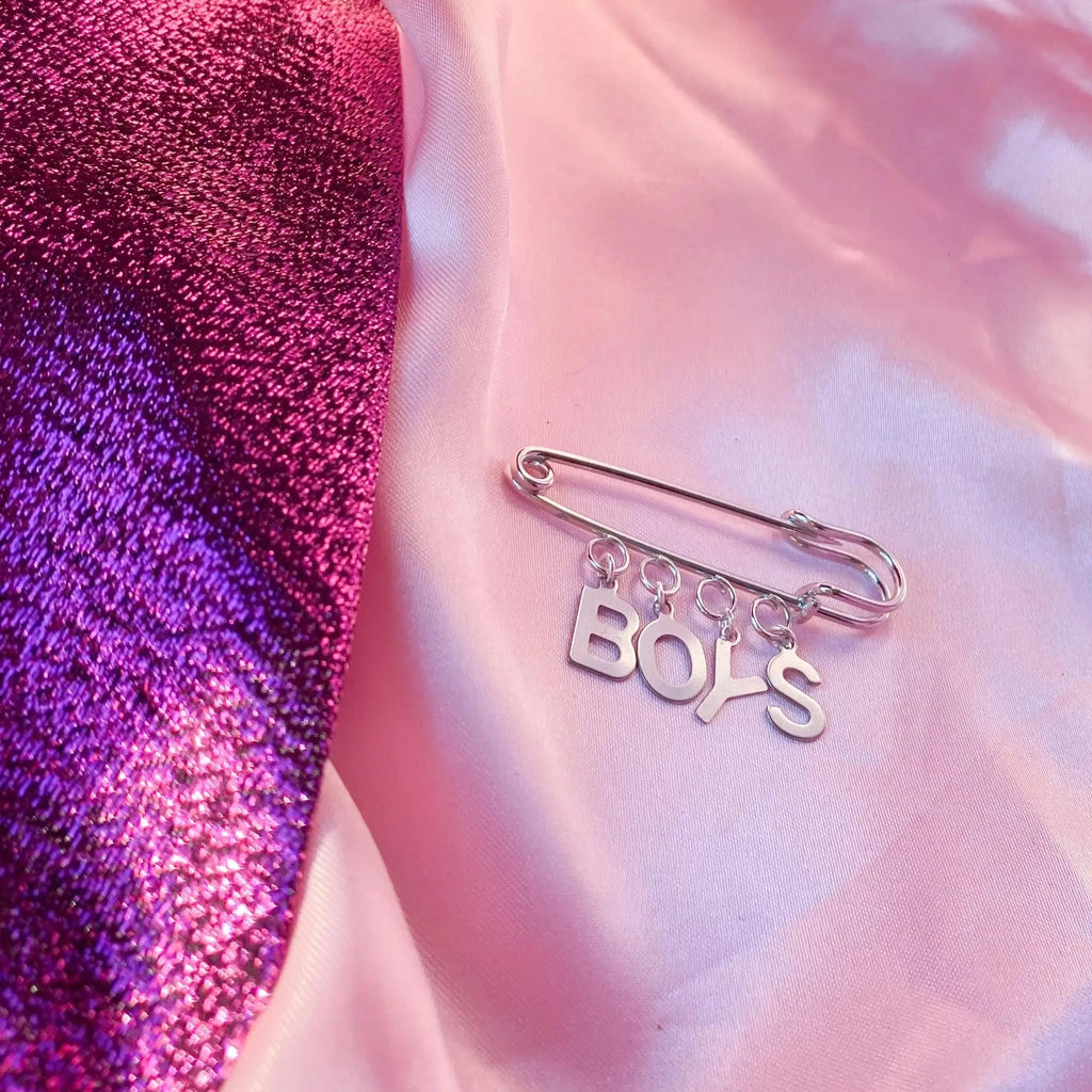 BOYS letter charm word kilt pin brooch Leftbians