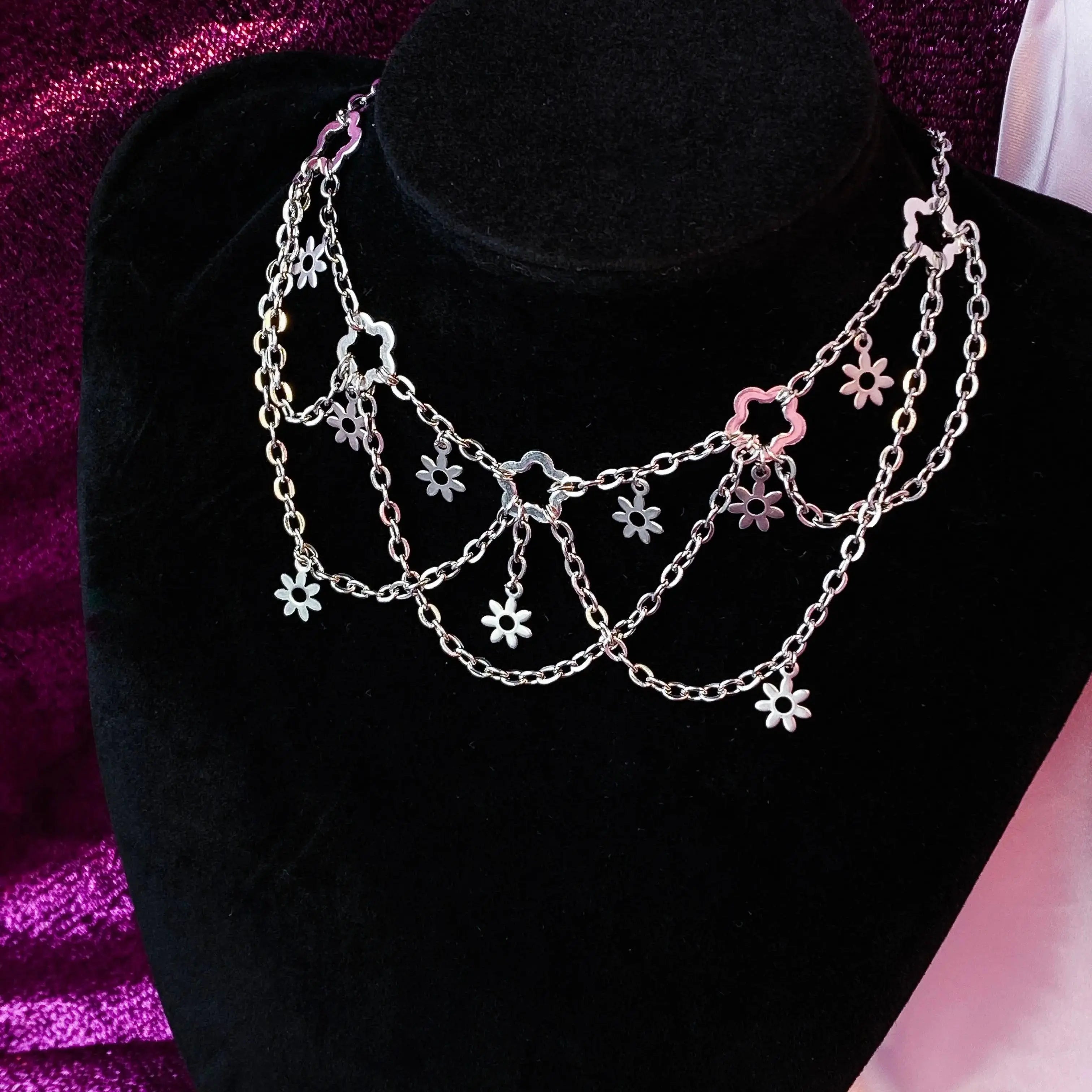 Layered flower necklace choker, handmade whimsigoth grunge fairy style statement necklace Leftbians