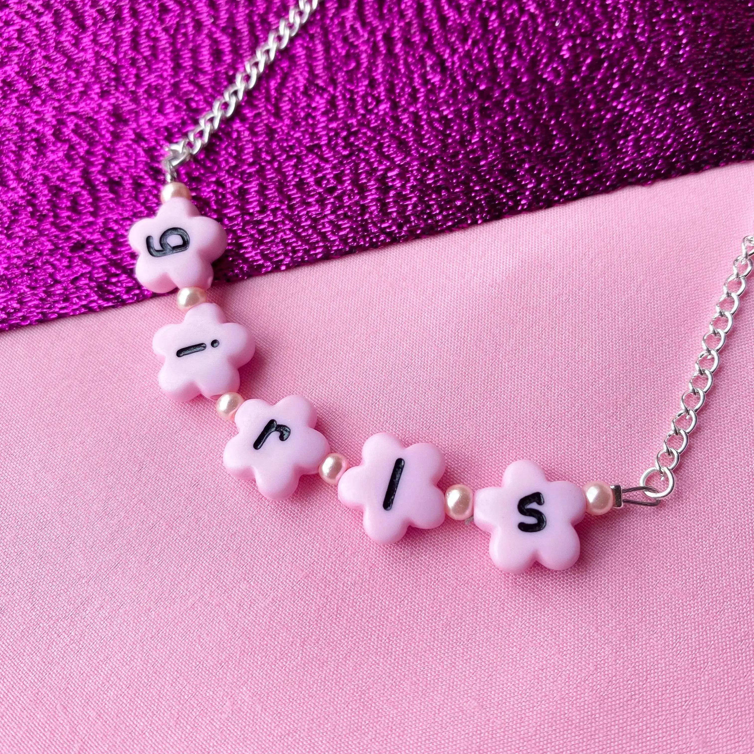 Pink Girls flower shape letter bead necklace Leftbians