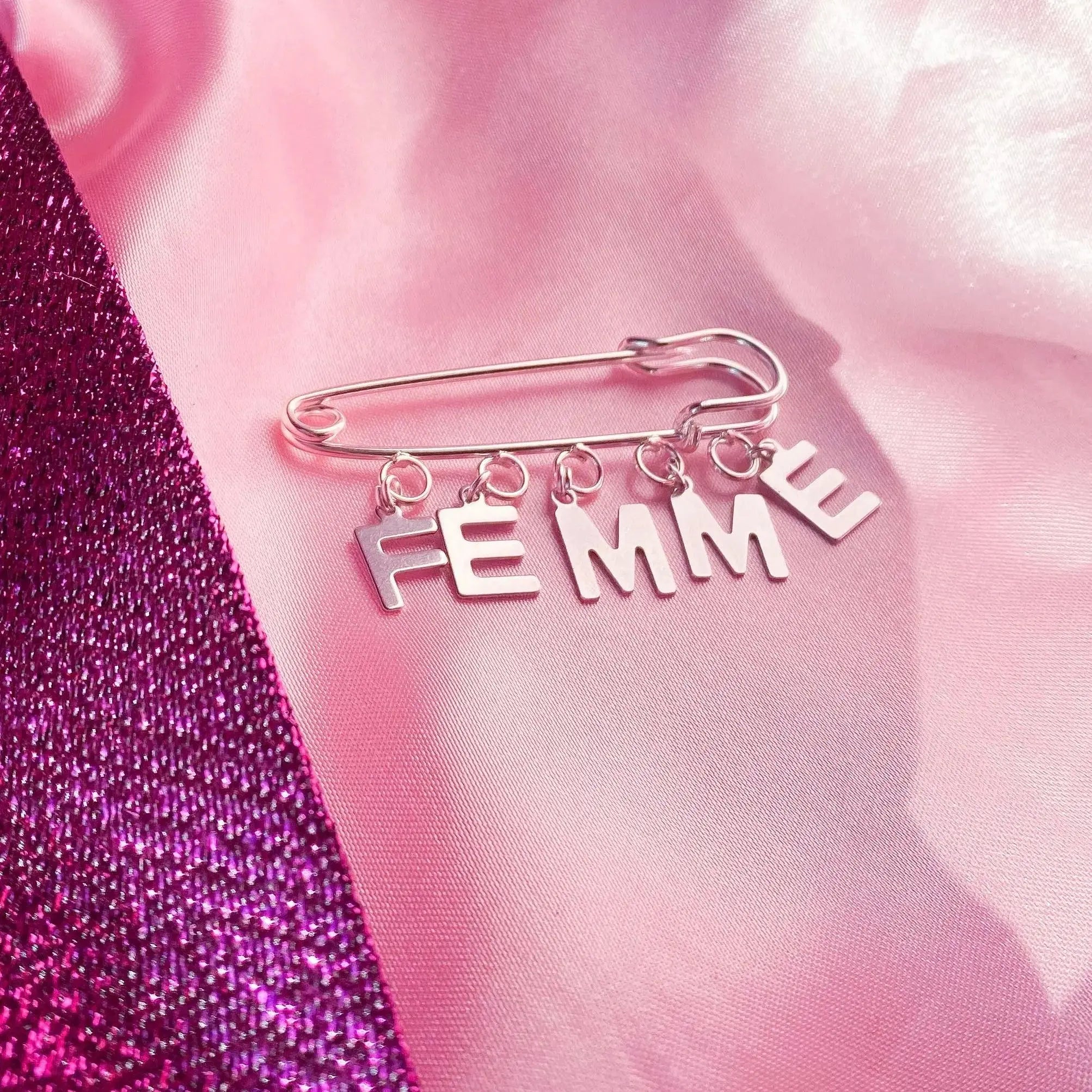 FEMME letter charm word kilt pin brooch Leftbians