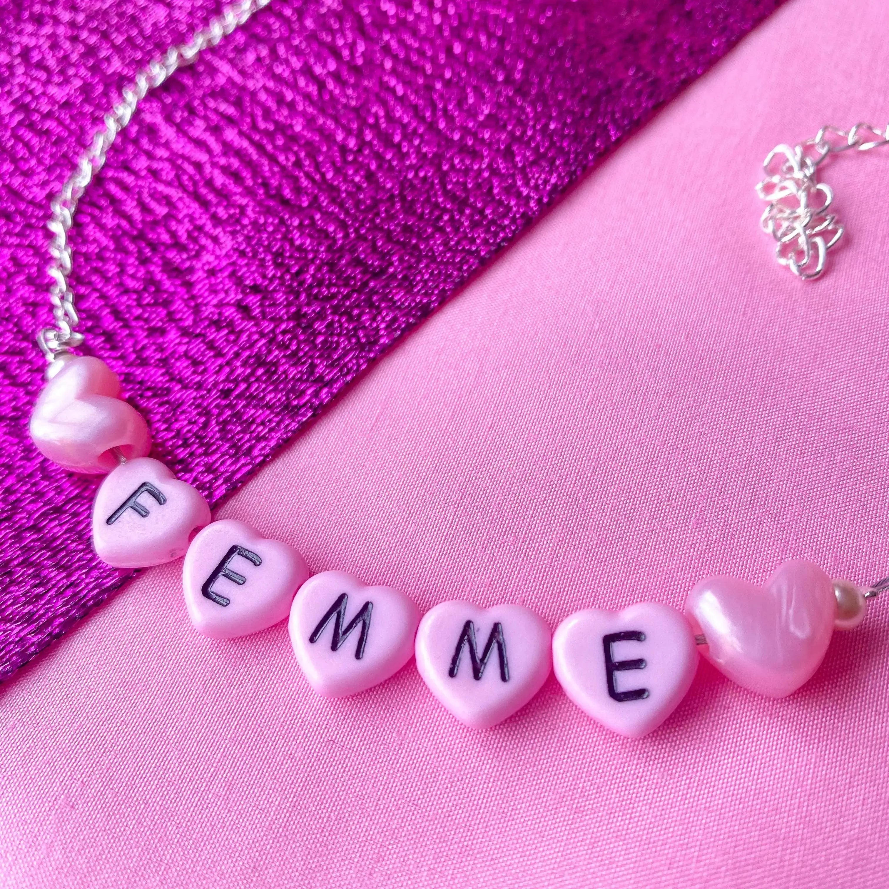 Pink Femme love heart letter bead necklace Leftbians