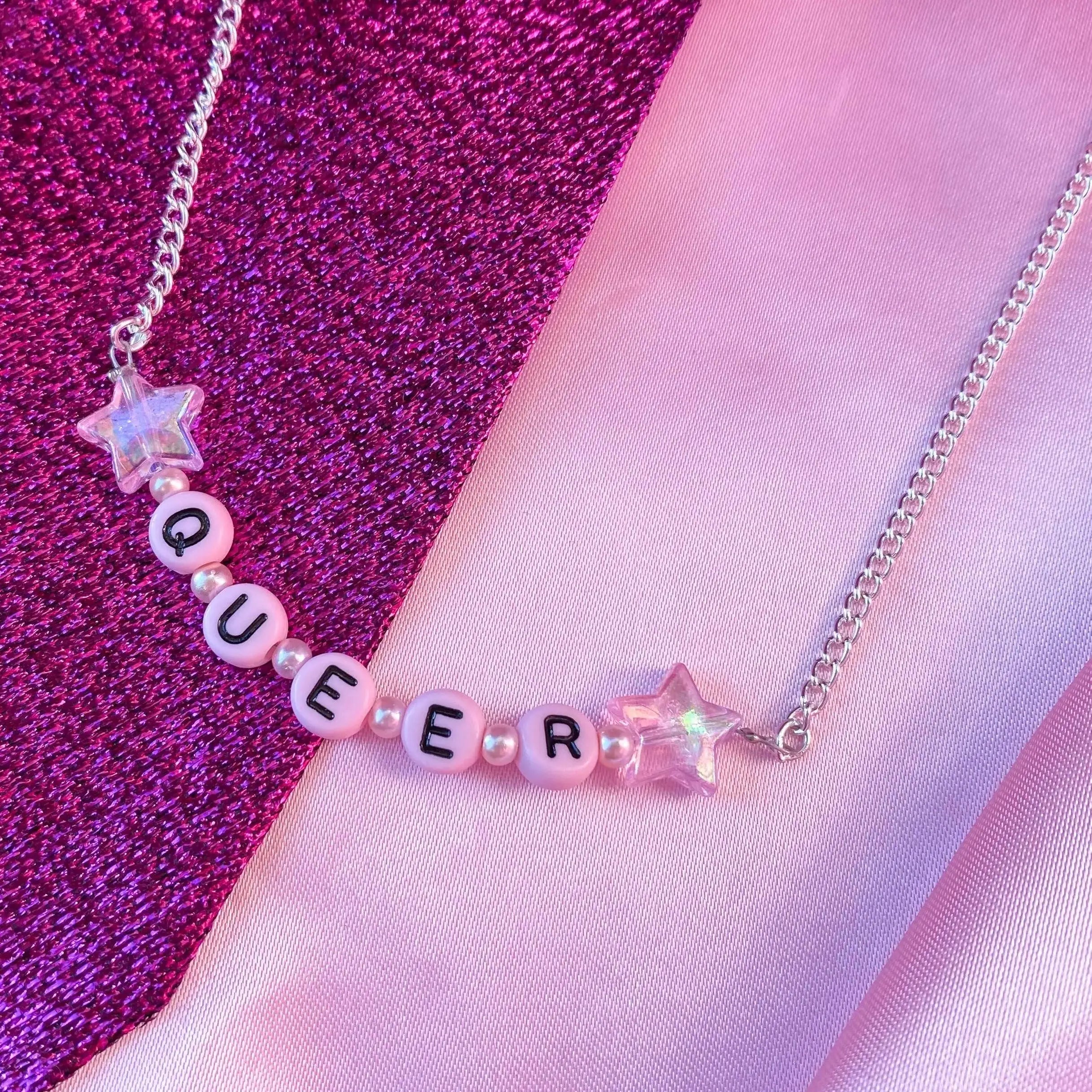 Pink queer letter bead necklace Leftbians