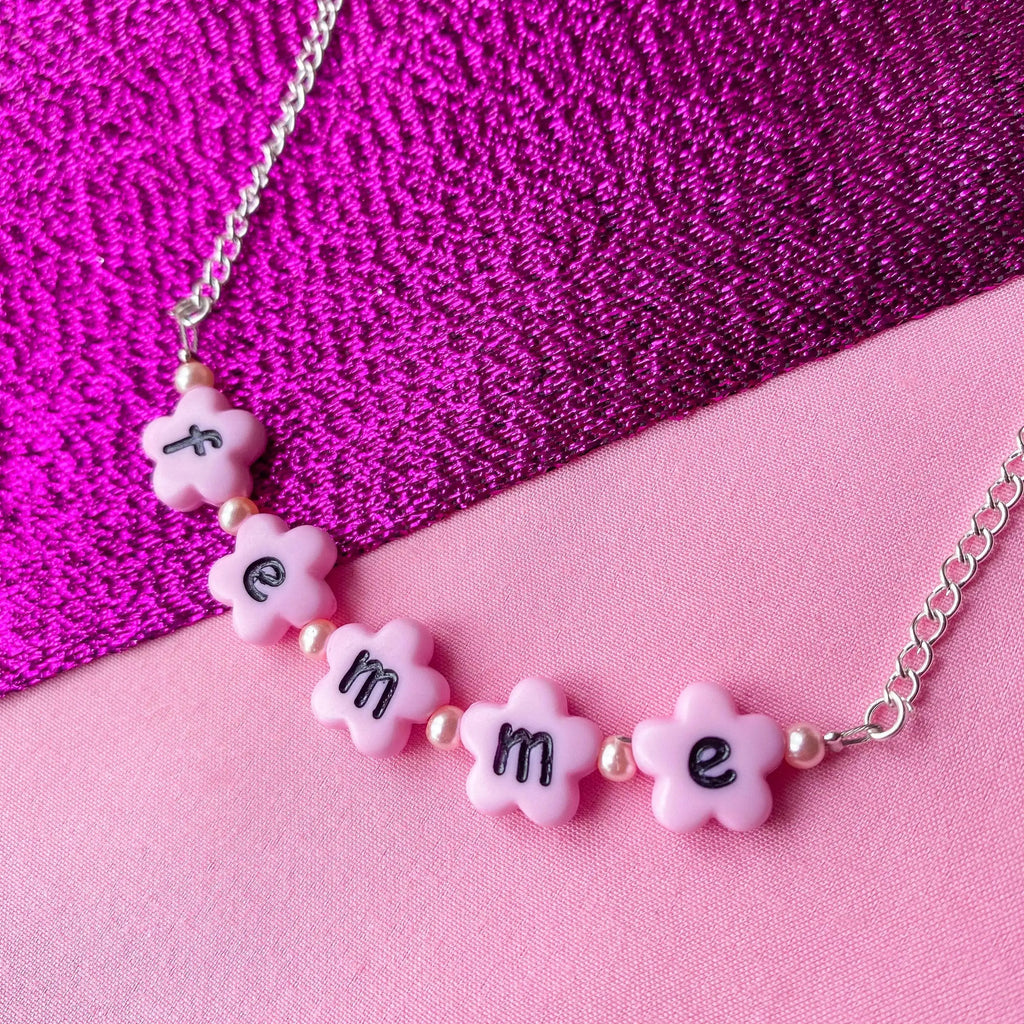 Pink Femme flower shape letter bead necklace Leftbians