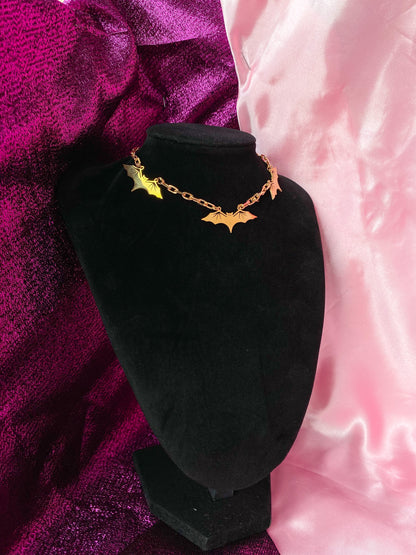 Golden flying bat necklace, golden colour handmade halloween necklace