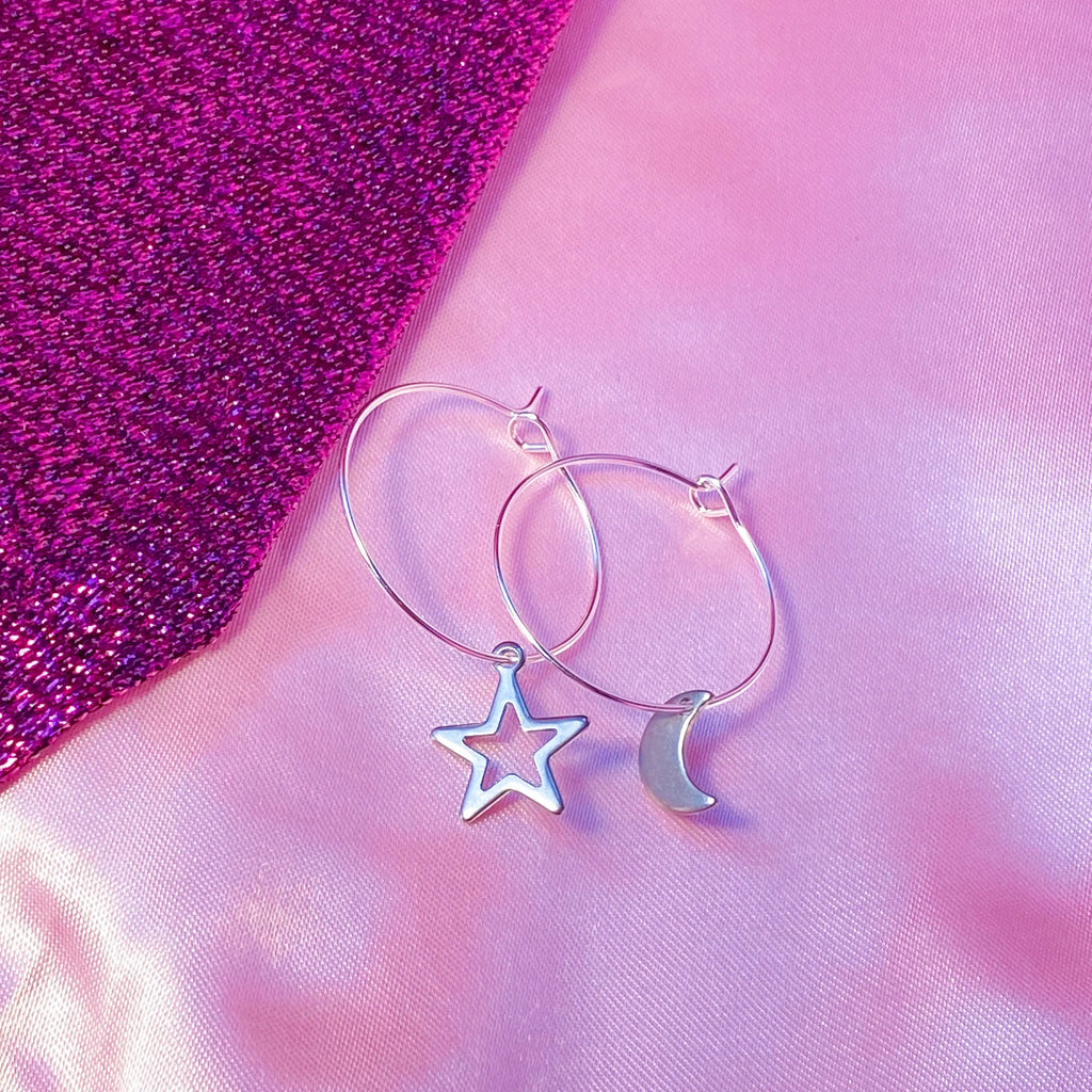 Silver star and moon charm hoop earrings, minimalist celestial earrings Leftbians