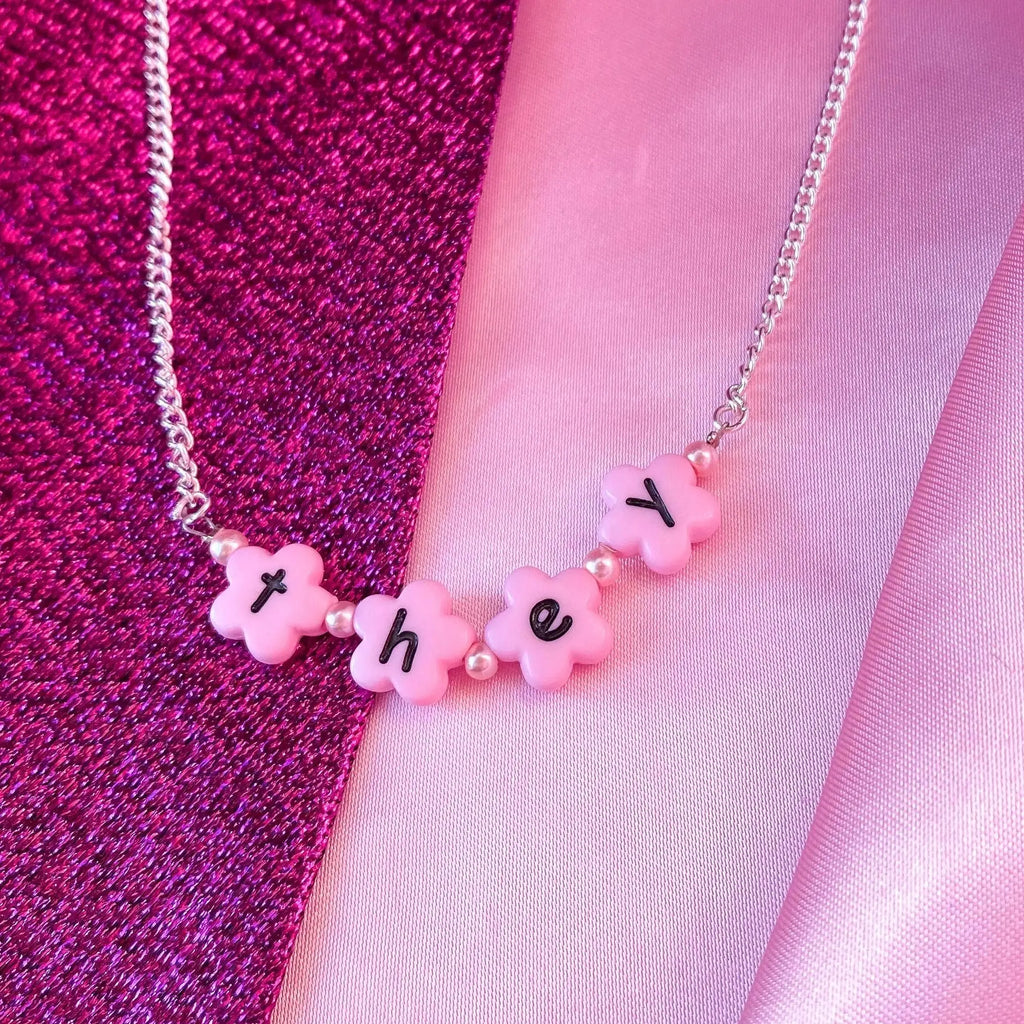 Pink THEY flower shape letter bead necklace Leftbians