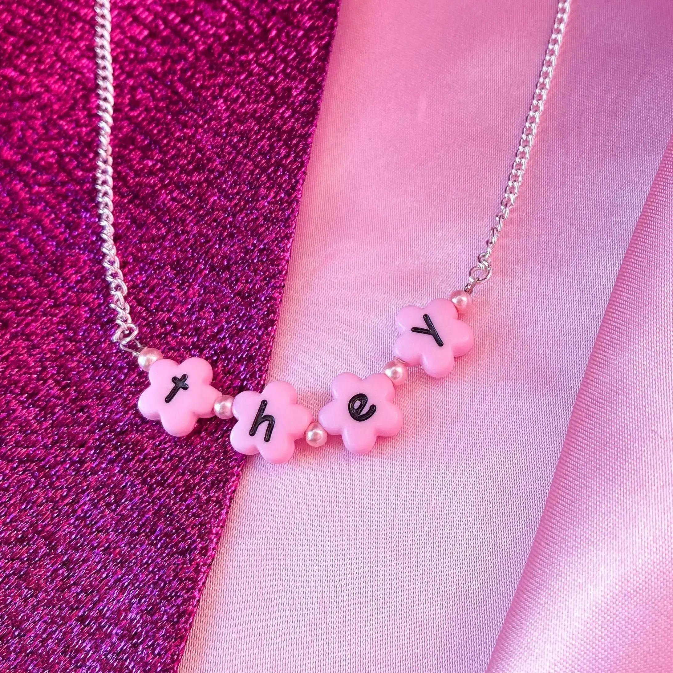 Pink THEY flower shape letter bead necklace Leftbians