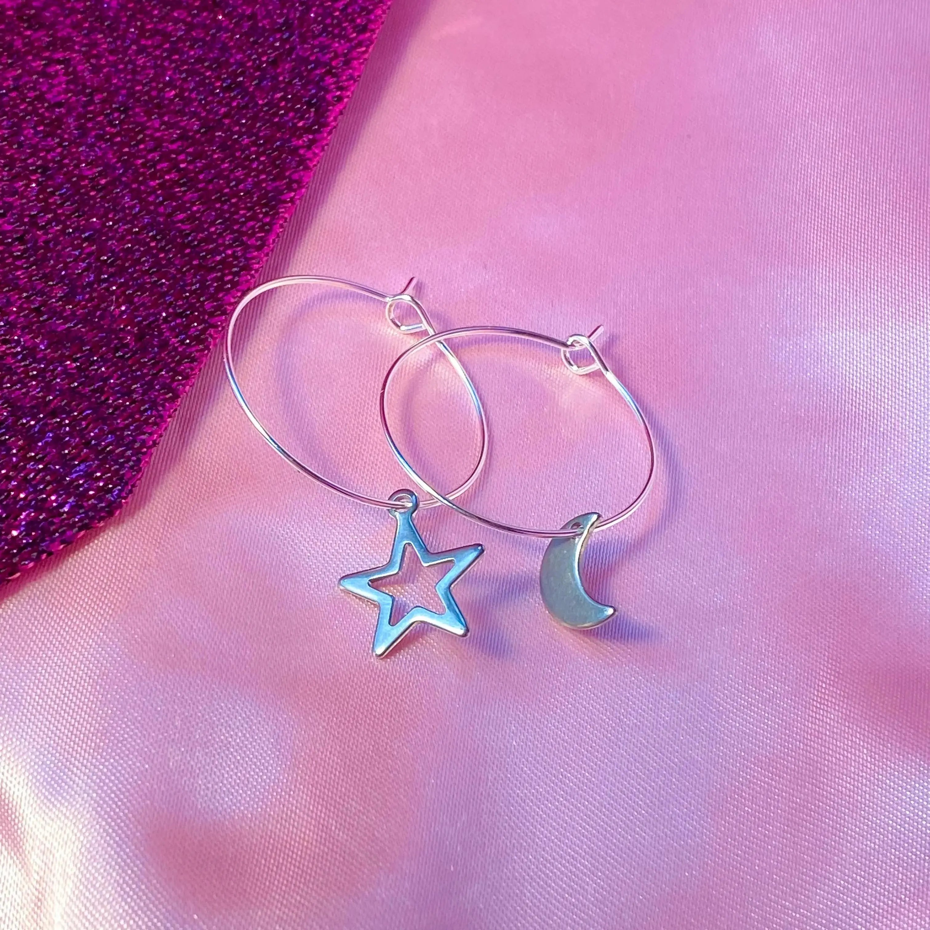 Silver star and moon charm hoop earrings, minimalist celestial earrings Leftbians