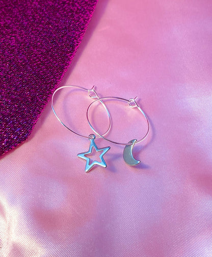 Silver star and moon charm hoop earrings, minimalist celestial earrings