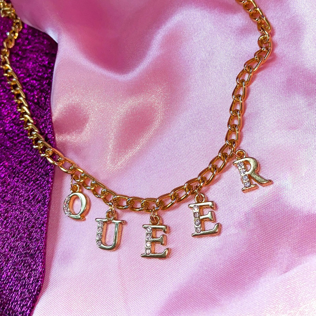 Diamanté QUEER gold colour letter charm necklace Leftbians