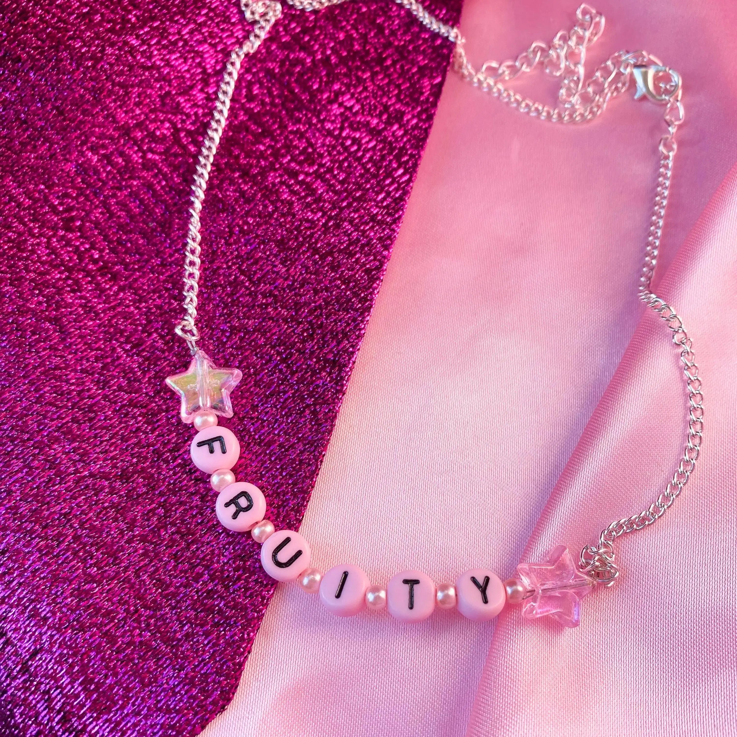 Pink FRUITY letter bead necklace Leftbians