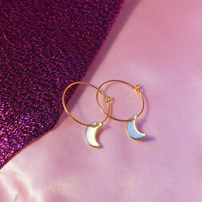 Gold moon charm hoop earrings, minimalist celestial earrings