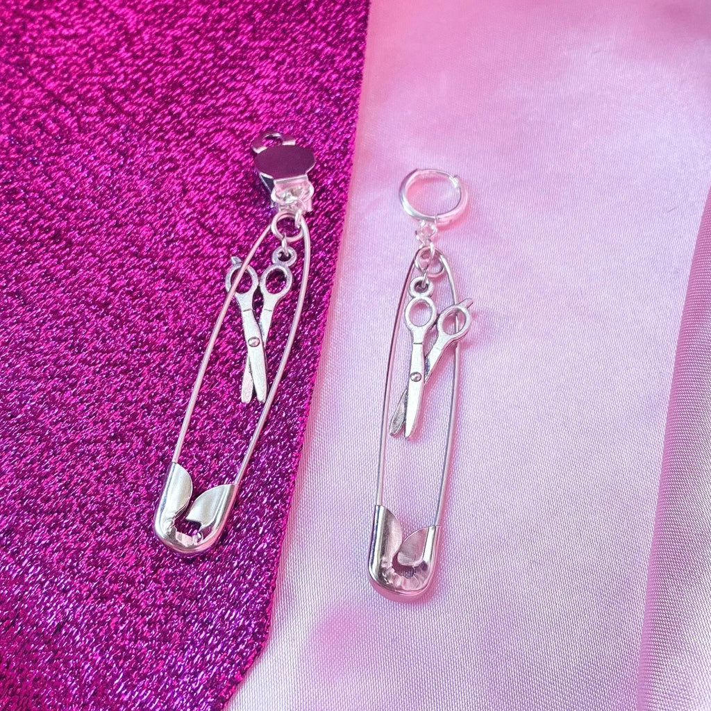 Safety pin earrings with scissor charms Leftbians
