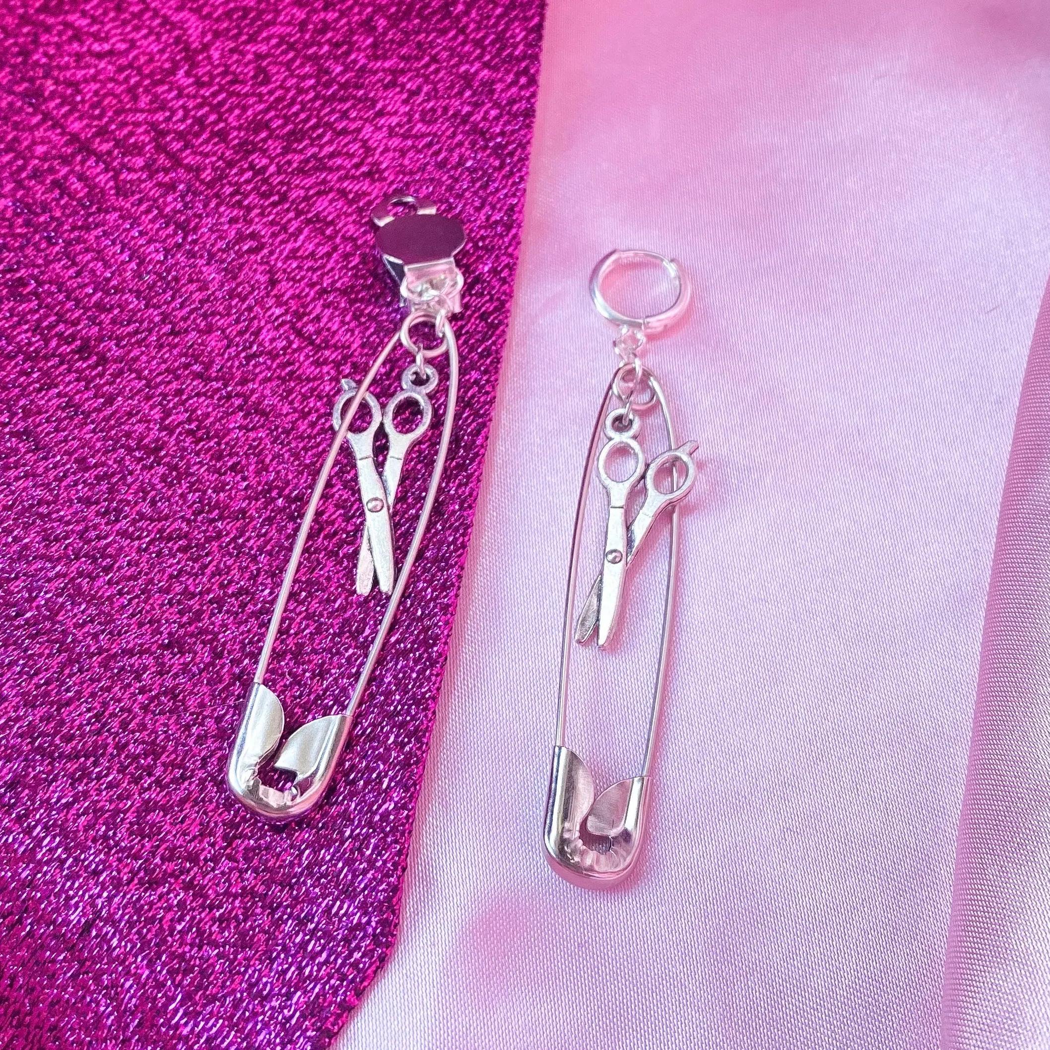 Safety pin earrings with scissor charms Leftbians