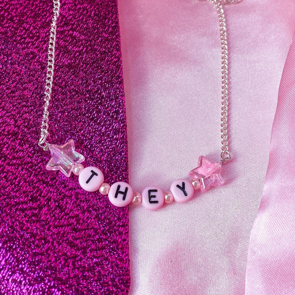 Pink THEY letter bead necklace Leftbians