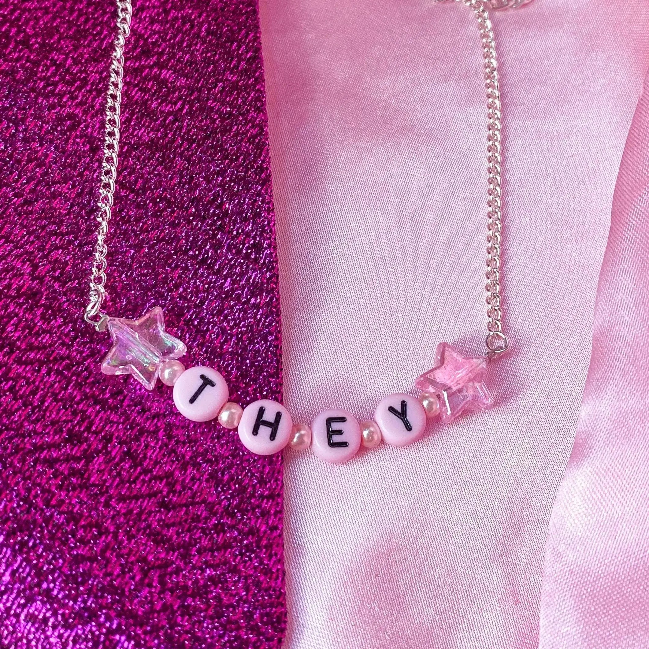 Pink THEY letter bead necklace Leftbians