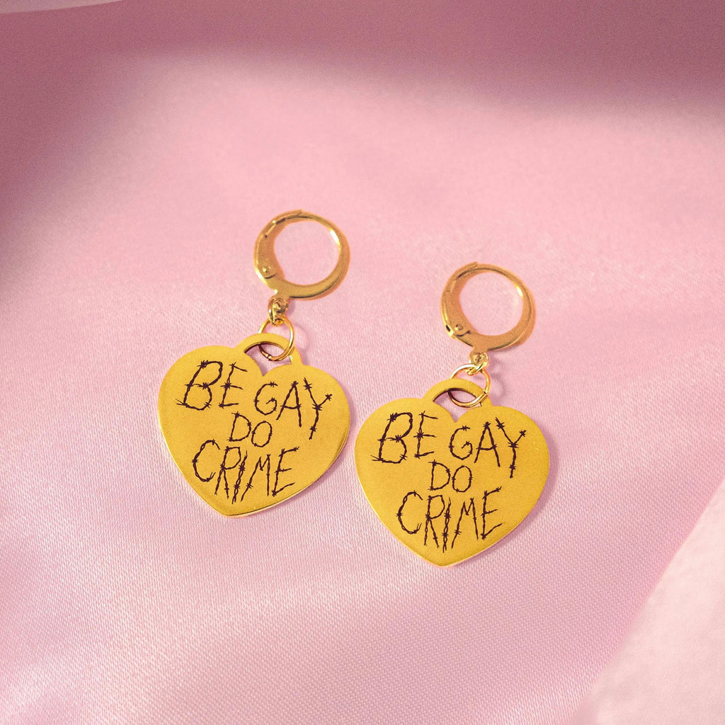 Gold Be Gay Do Crime Engraved Heart Earrings in 304 Stainless Steel Leftbians