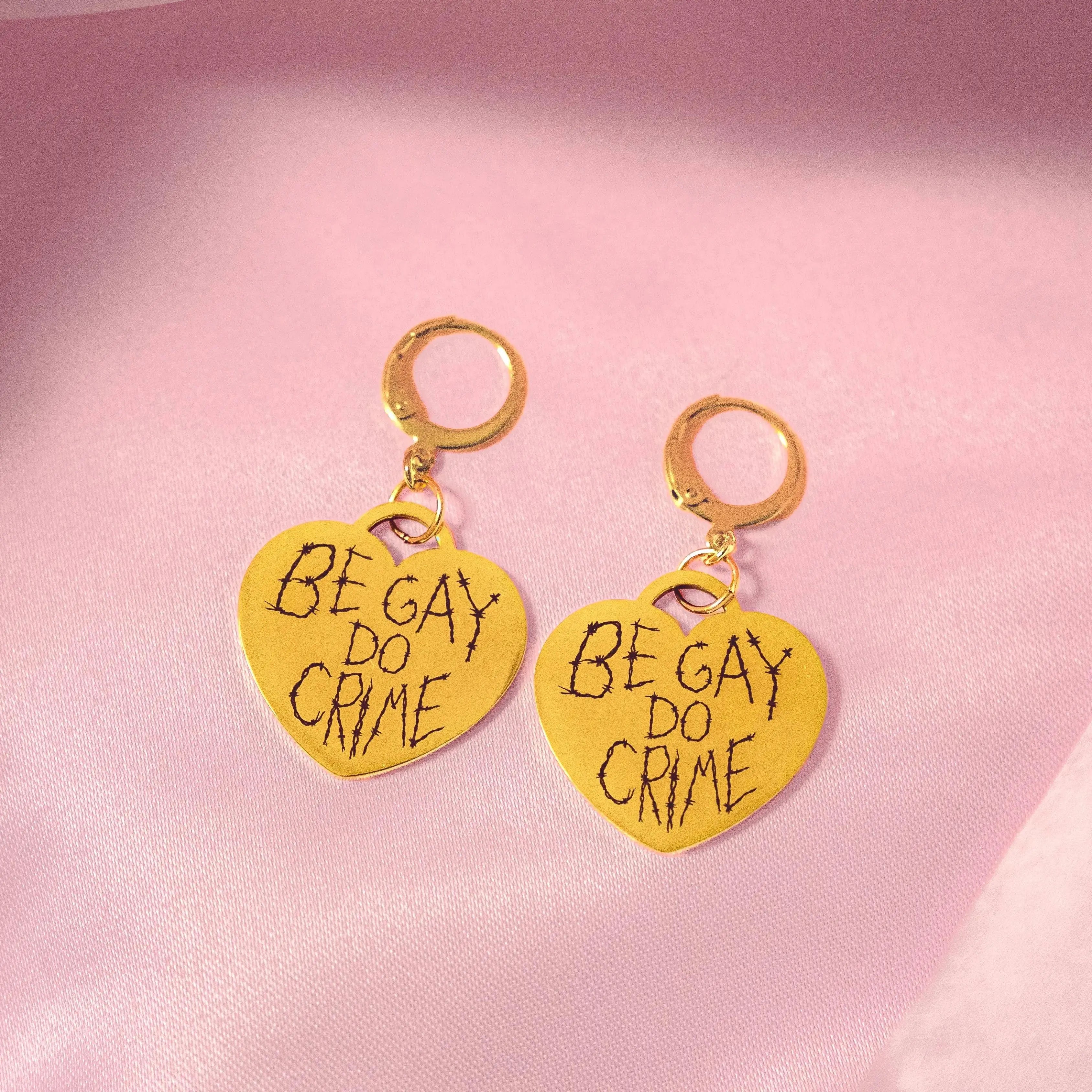 Gold Be Gay Do Crime Engraved Heart Earrings in 304 Stainless Steel Leftbians