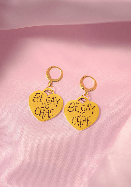 Gold Be Gay Do Crime Engraved Heart Earrings in 304 Stainless Steel Leftbians