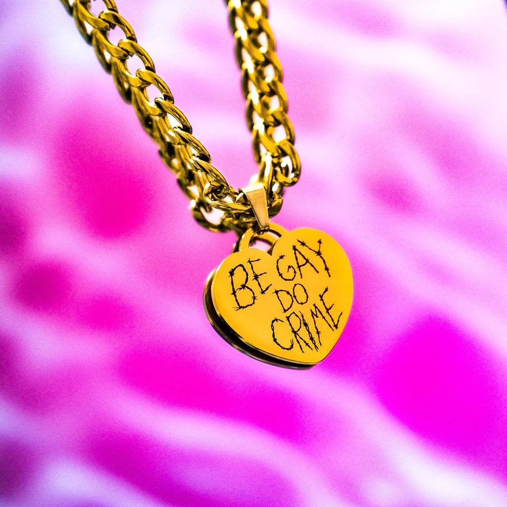 Gold Be Gay Do Crime Engraved Heart Necklace in 304 Stainless Steel Leftbians
