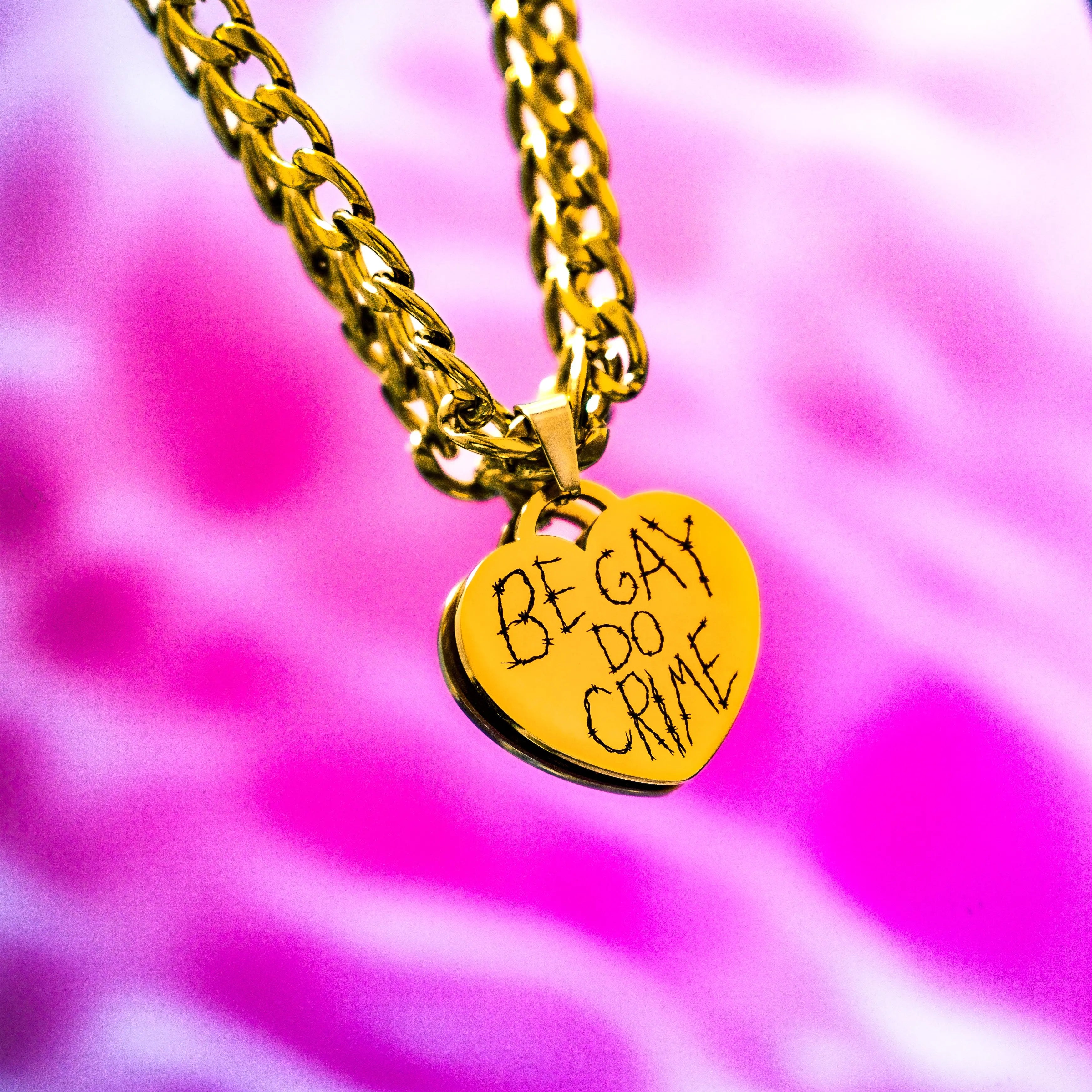 Gold Be Gay Do Crime Engraved Heart Necklace in 304 Stainless Steel Leftbians