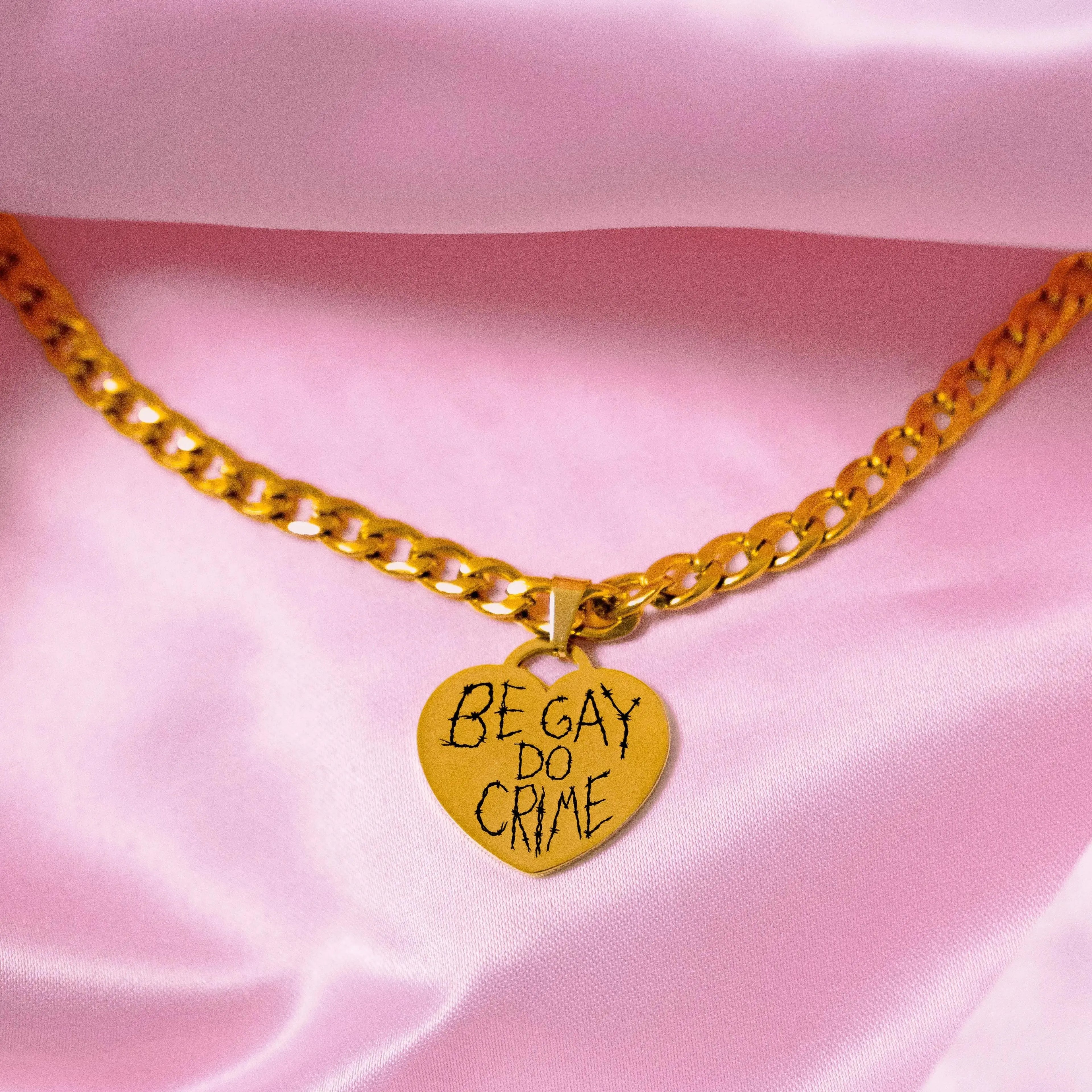 Gold Be Gay Do Crime Engraved Heart Necklace in 304 Stainless Steel Leftbians