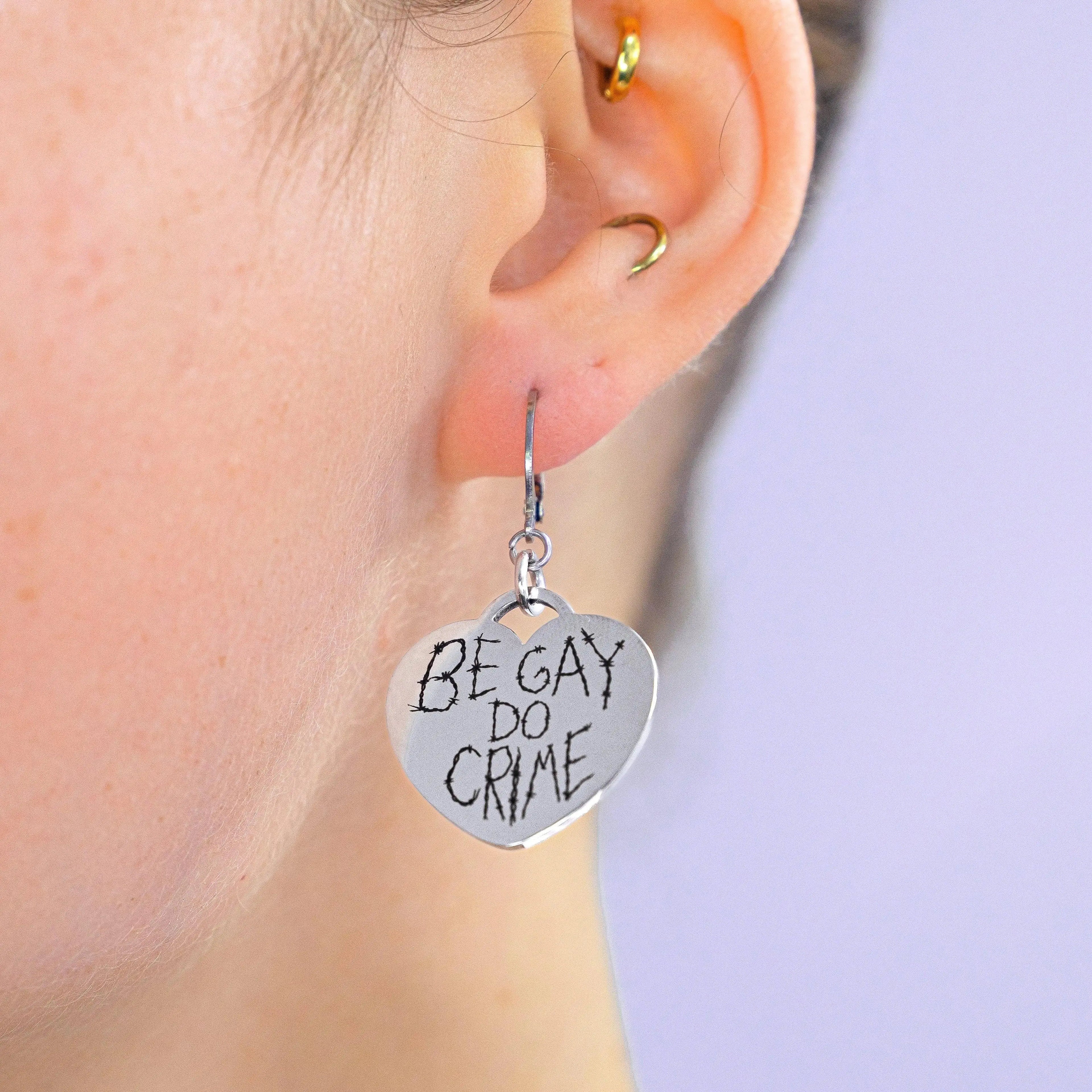 Be Gay Do Crime Barbed Wire Heart Silver Stainless Steel Earrings Leftbians