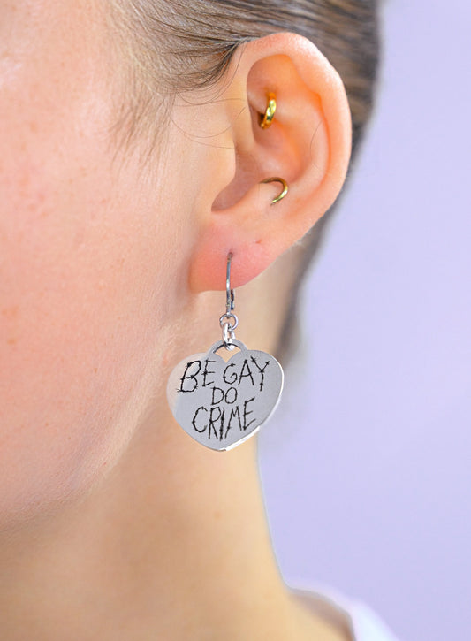 Be Gay Do Crime Barbed Wire Heart Silver Stainless Steel Earrings