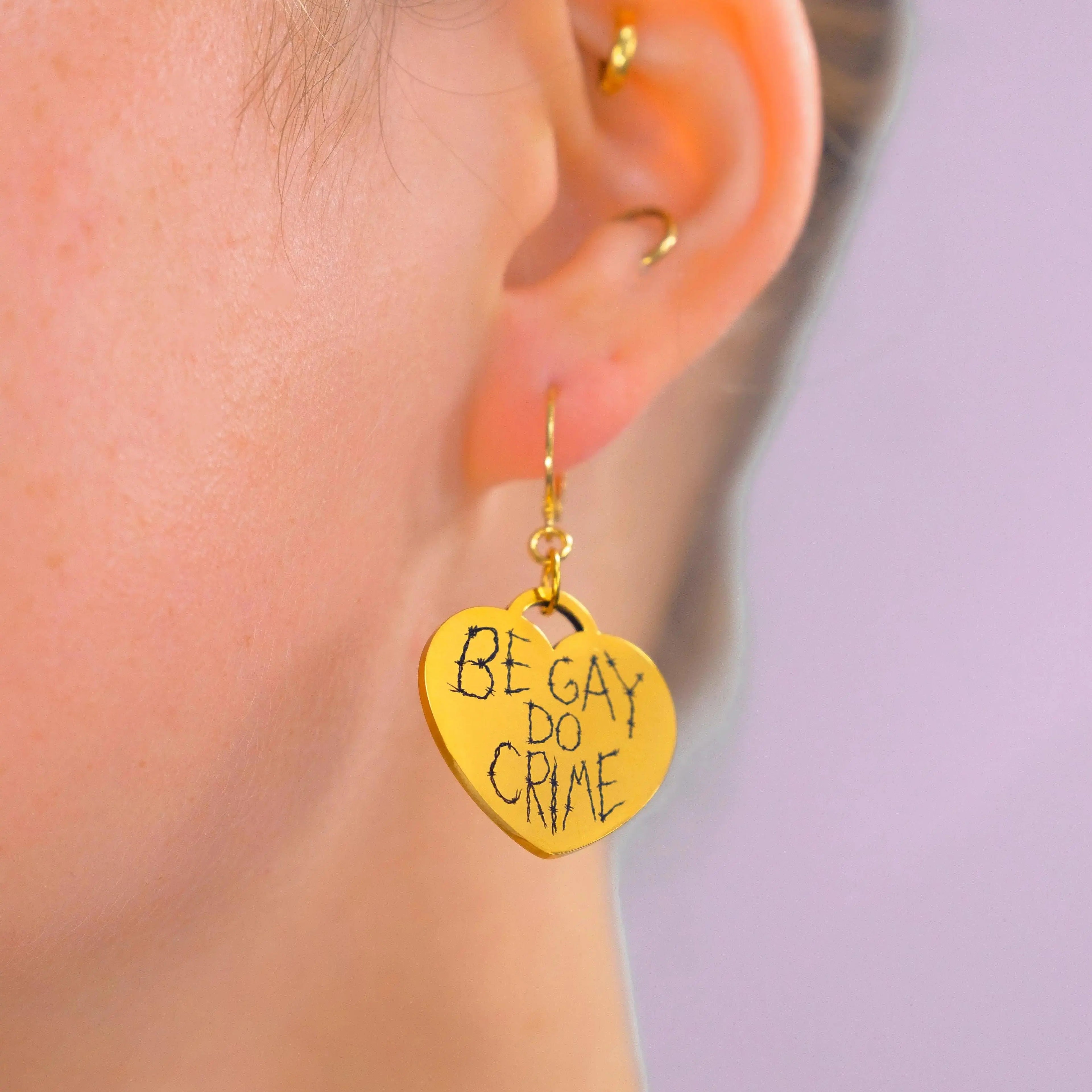 Gold Be Gay Do Crime Barbed Wire Heart Silver Stainless Steel Earrings Leftbians