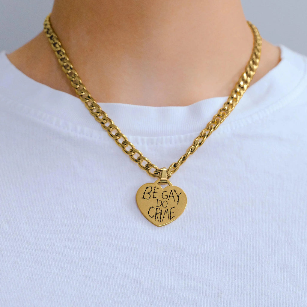 Gold Be Gay Do Crime engraved heart chunky chain in 304 stainless steel Leftbians