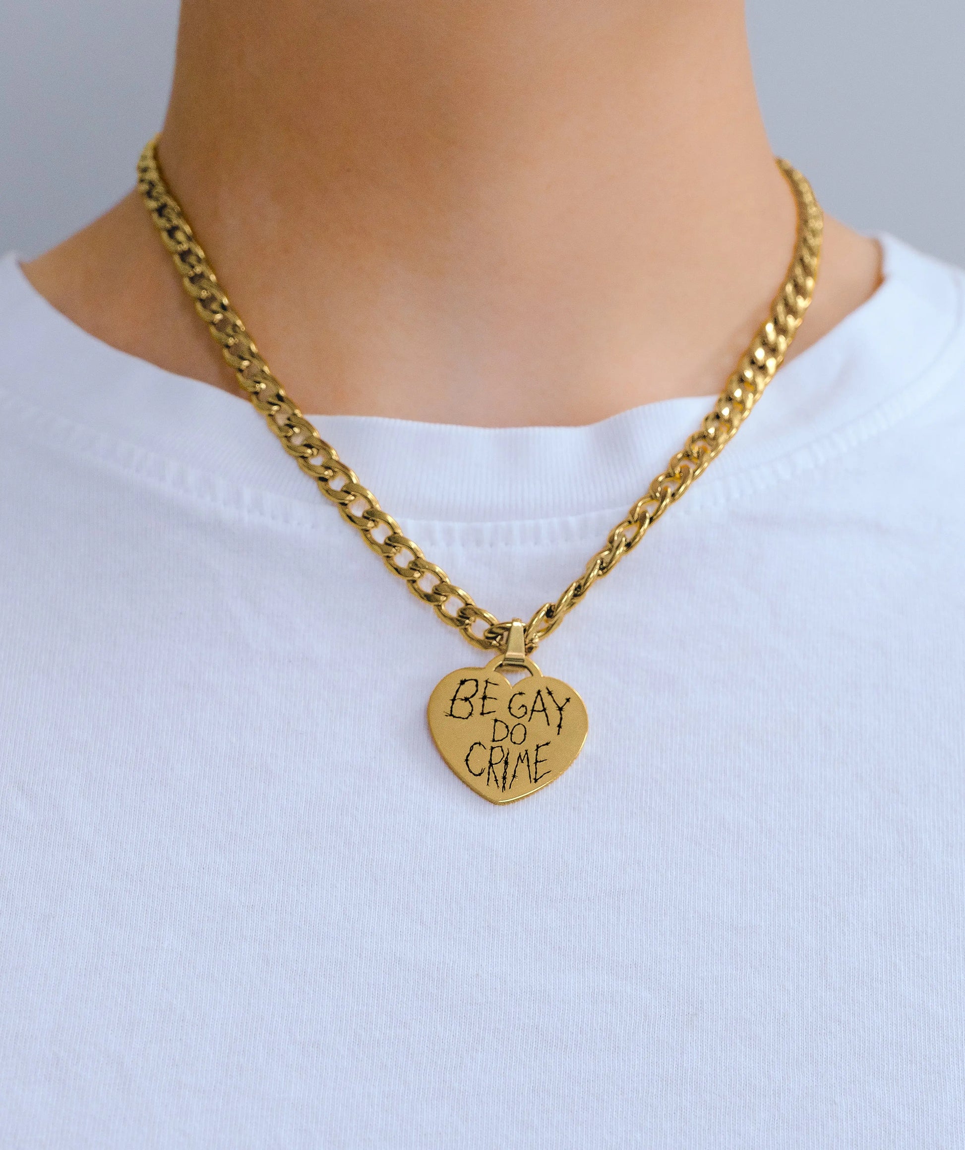 Gold Be Gay Do Crime engraved heart chunky chain in 304 stainless steel Leftbians