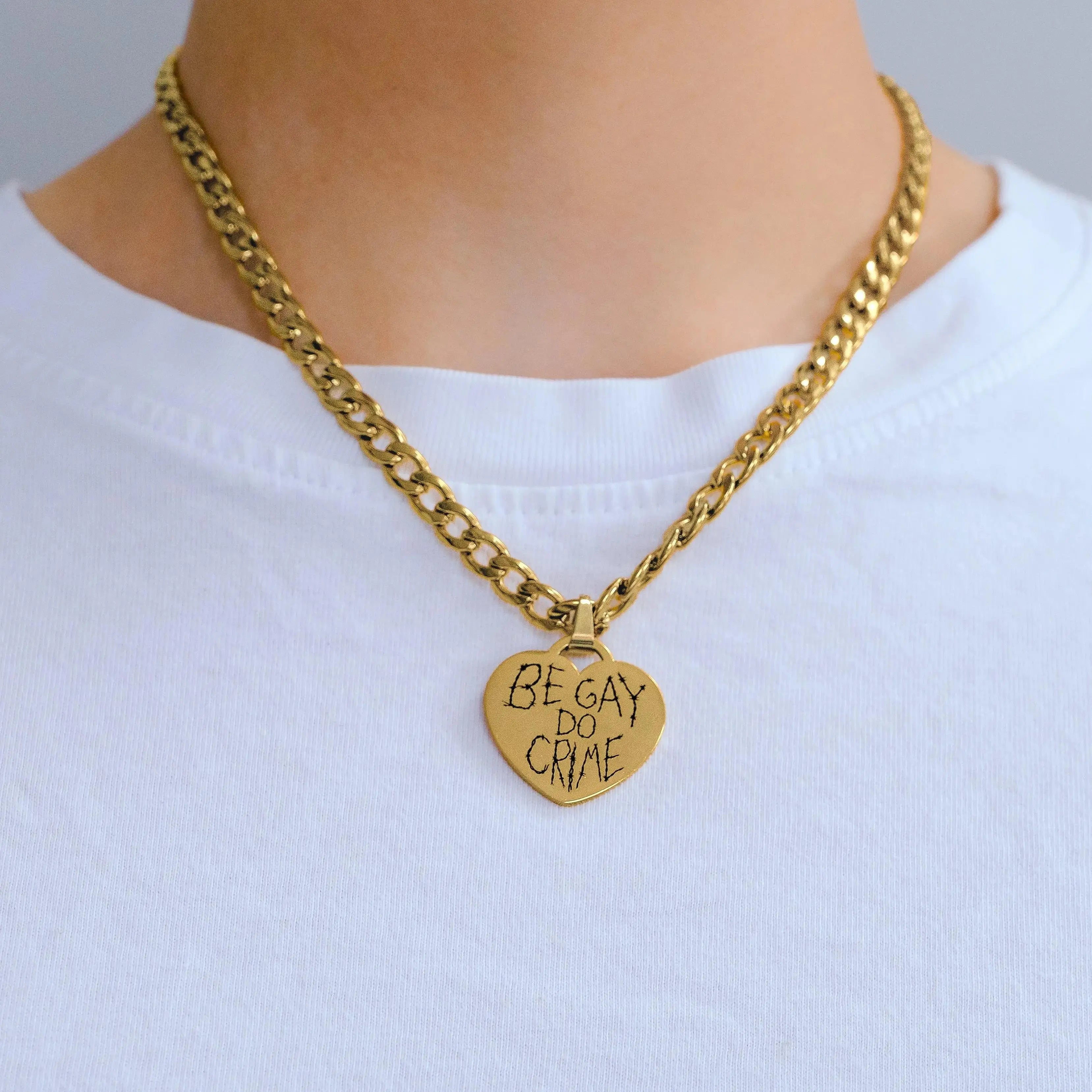 Gold Be Gay Do Crime engraved heart chunky chain in 304 stainless steel Leftbians