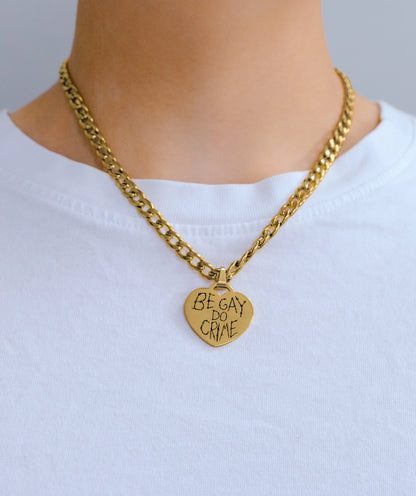 Gold Be Gay Do Crime engraved heart chunky chain in 304 stainless steel Leftbians